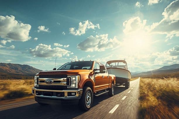 Pickup truck towing a boat on the highway